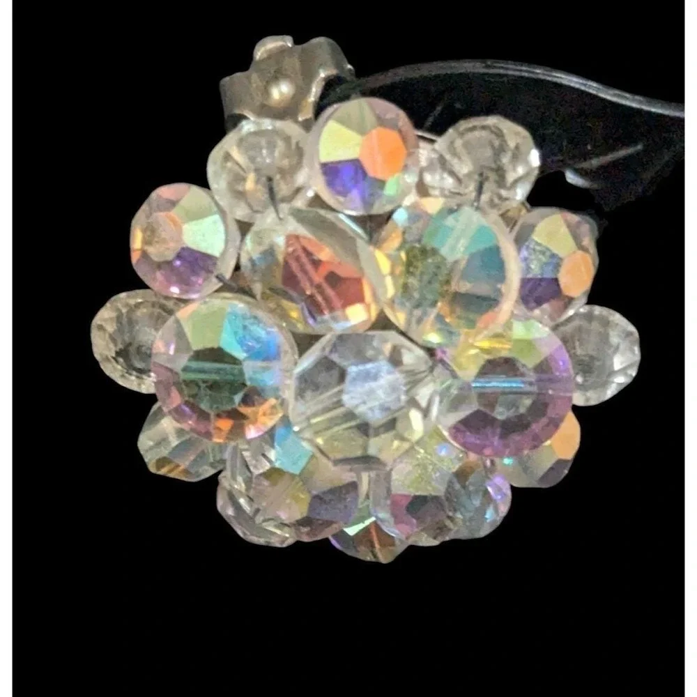Vintage Aurora Borealis Crystal Cluster Clip On Earrings Silver Tone Floral‎ 60s